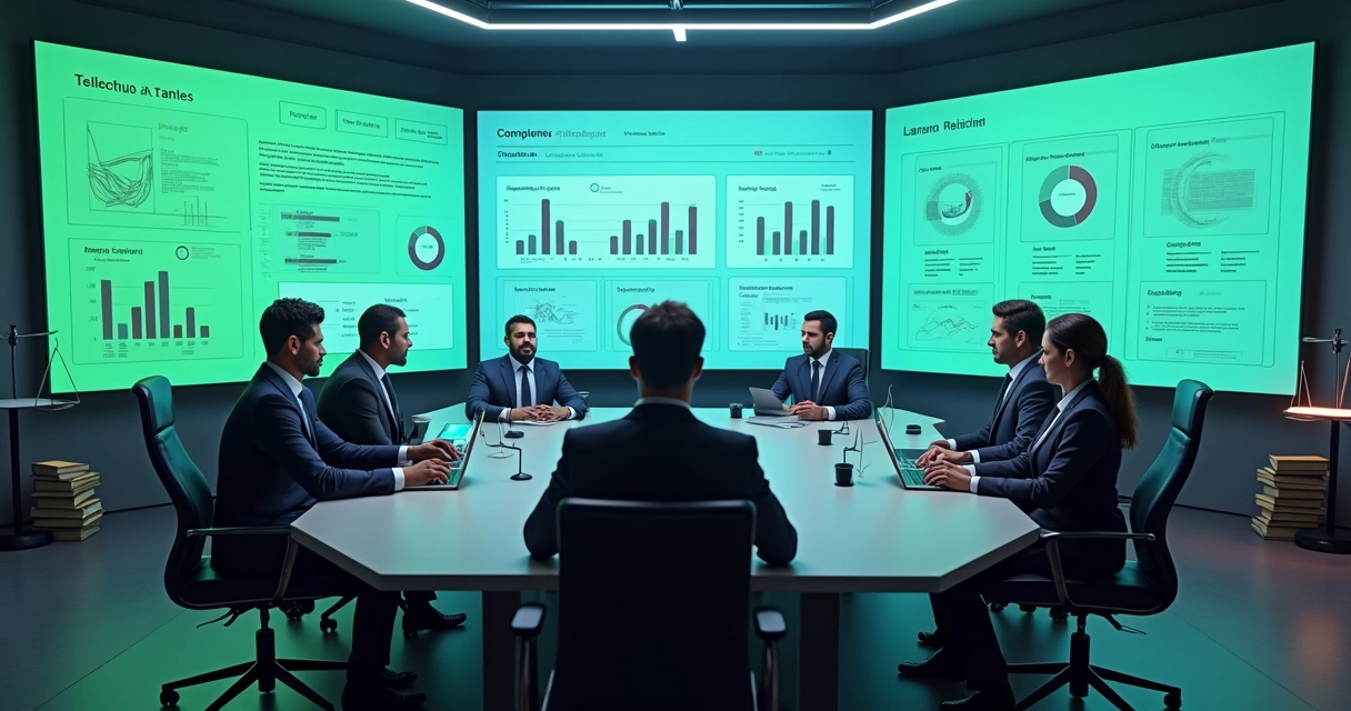 Sala virtual com advogados assistindo treinamento online com gráficos 