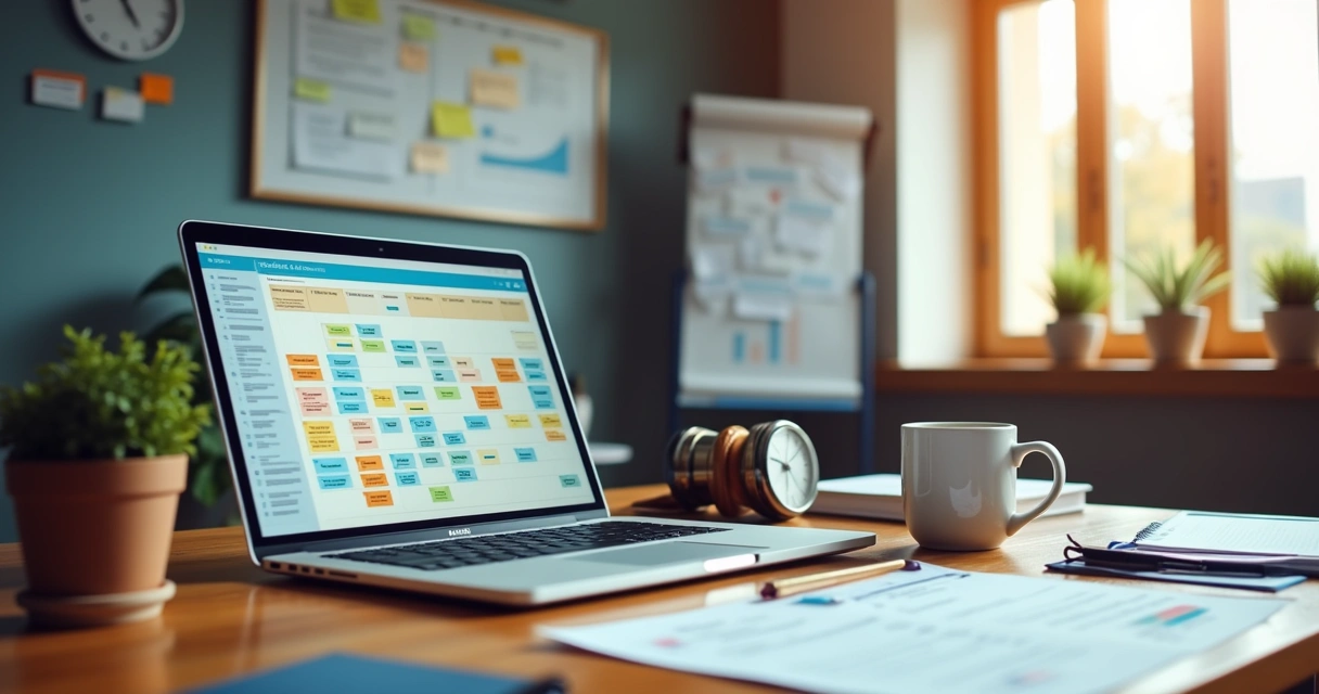 Escritório de advogado organizado com laptop, calendário e quadro branco, simbolizando produtividade.