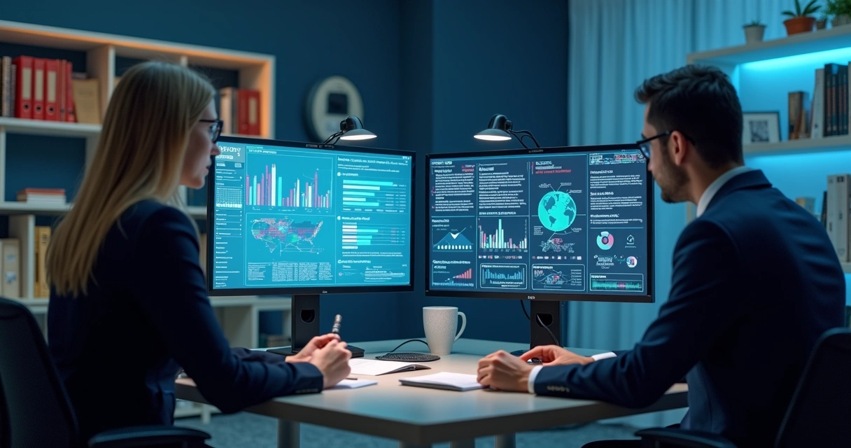 Advogados analisando telas de computador com gráficos e documentos jurídicos digitais.