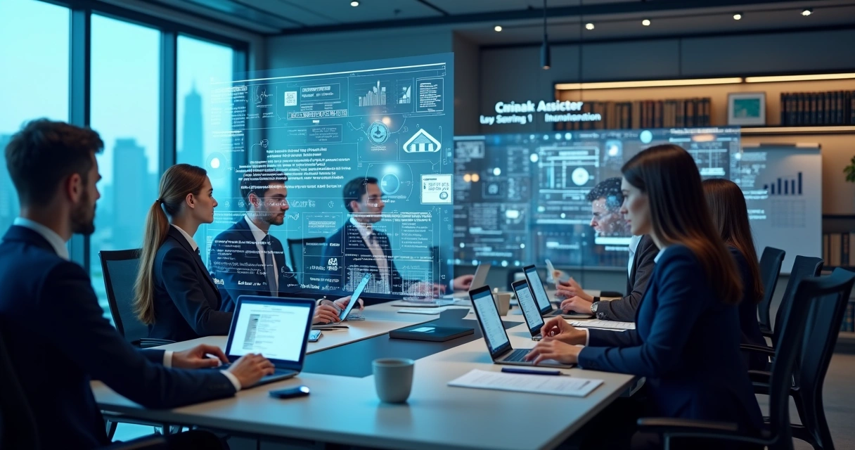 Advogados trabalhando com assistente de inteligência artificial em escritório moderno com computadores e documentos digitais 