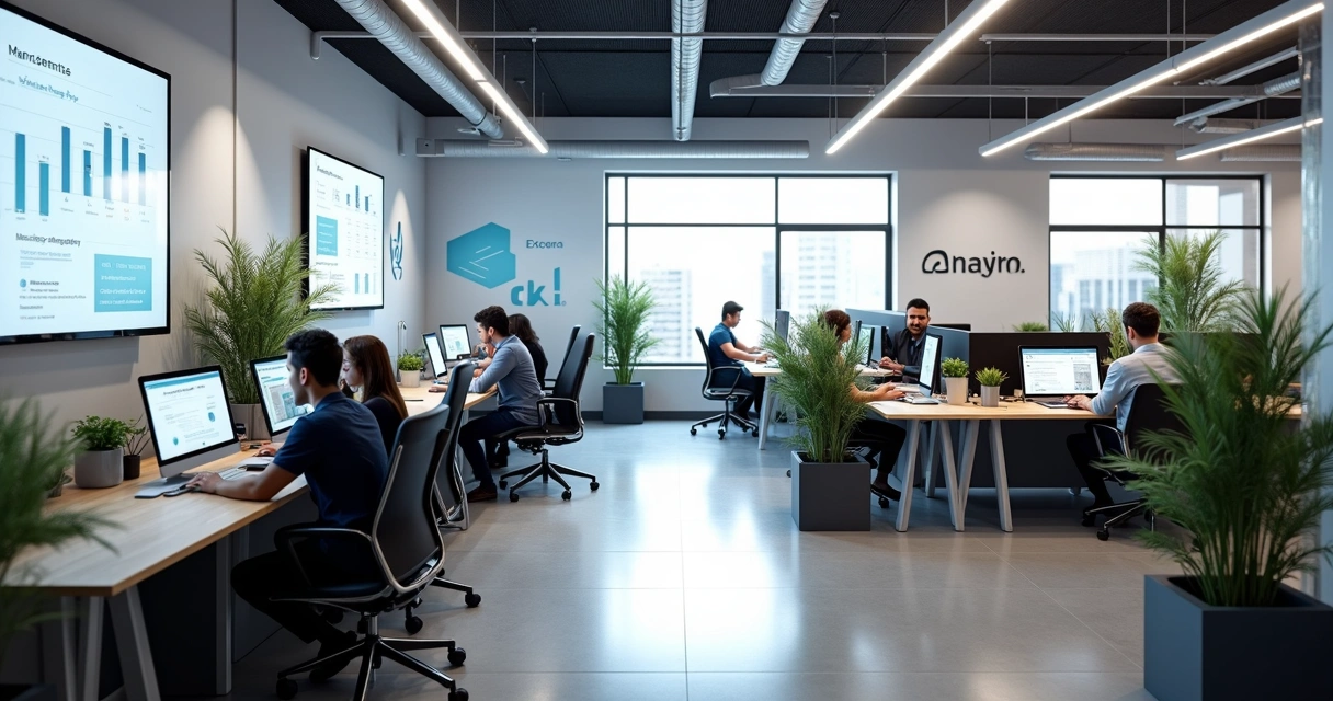 Ambiente interno de agência de marketing digital com monitores e equipe trabalhando 