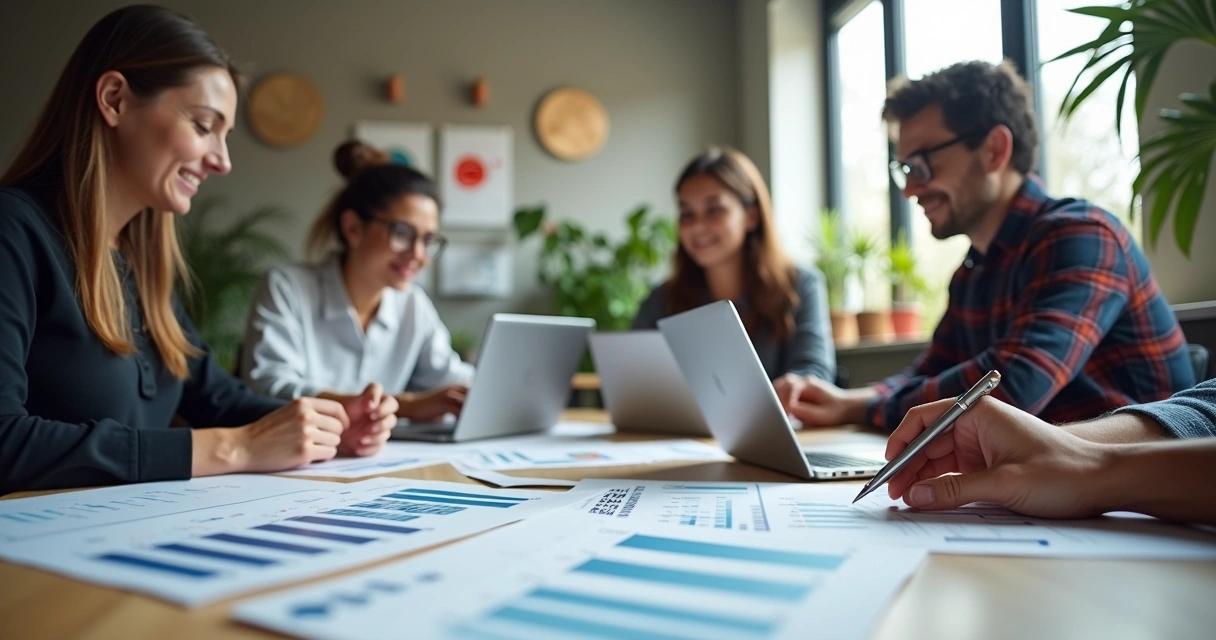 Equipe reunida em escritório moderno trabalhando em notebooks 