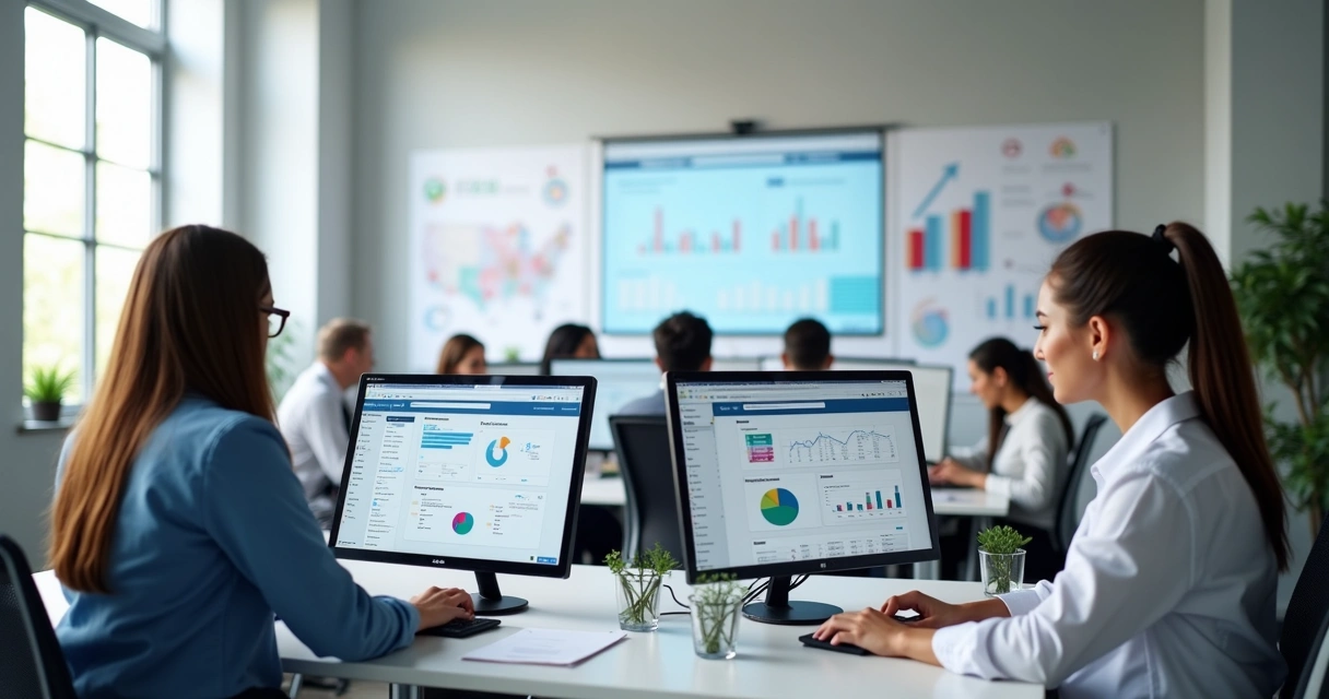 Sala moderna de agência de marketing digital com equipe trabalhando em computadores focados em estratégias para clínicas odontológicas 