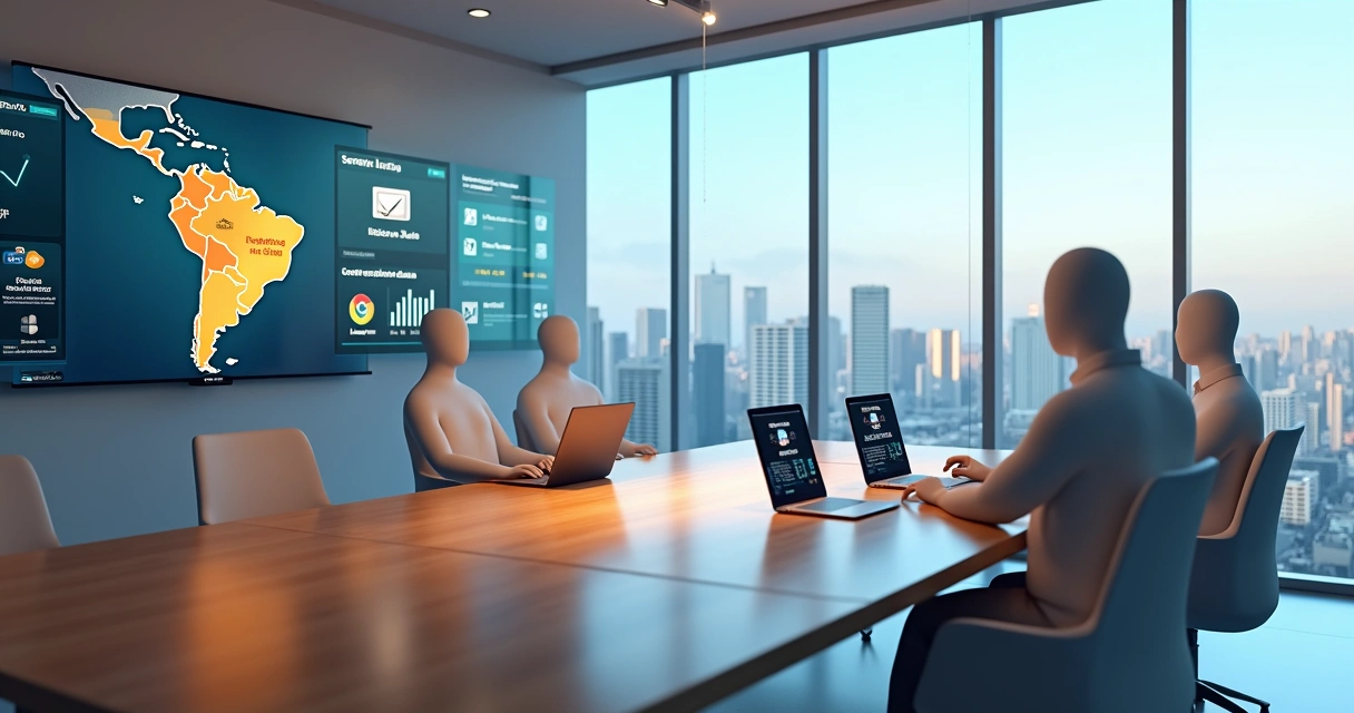 Mesa de reunião com elementos digitais de marketing imobiliário em 3D 