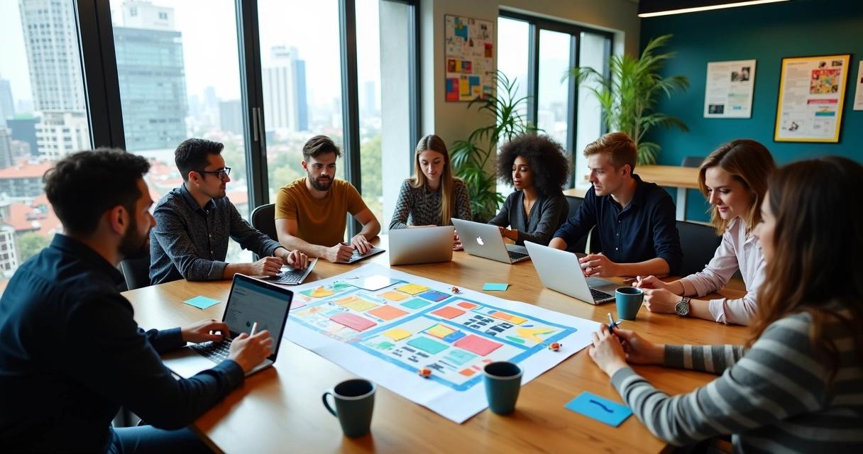 Equipe de marketing reunida em escritório moderno, conversando ao redor de uma mesa 