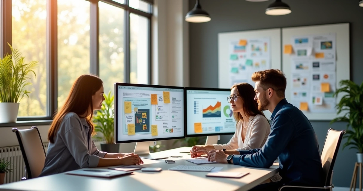 Ambiente interno de agência de marketing com computadores e profissionais trabalhando juntos 