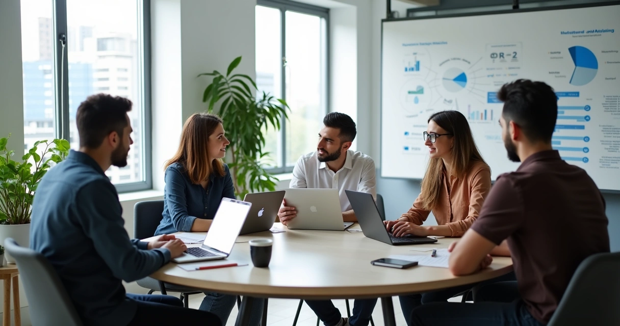 Equipe de marketing reunida em mesa de reunião moderna 