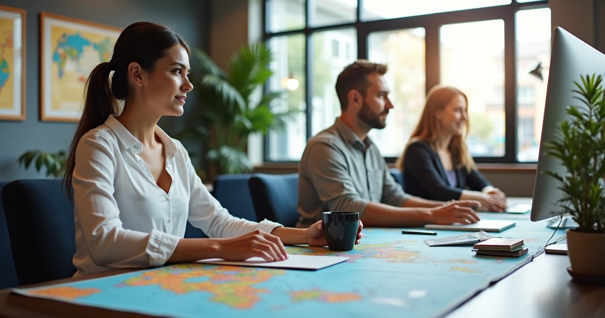 Atendimento em uma agência de viagens moderna, mesa com computador e mapas de destinos 