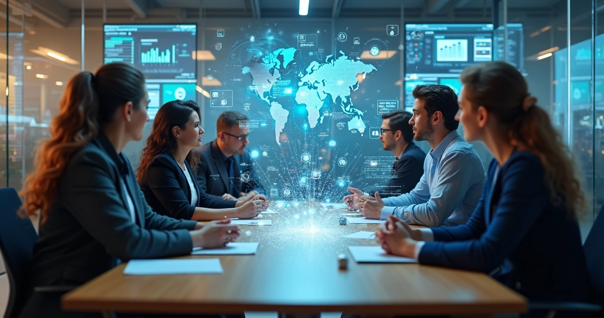 Equipe conversando em um escritório com hologramas de IA projetados sobre uma mesa. 