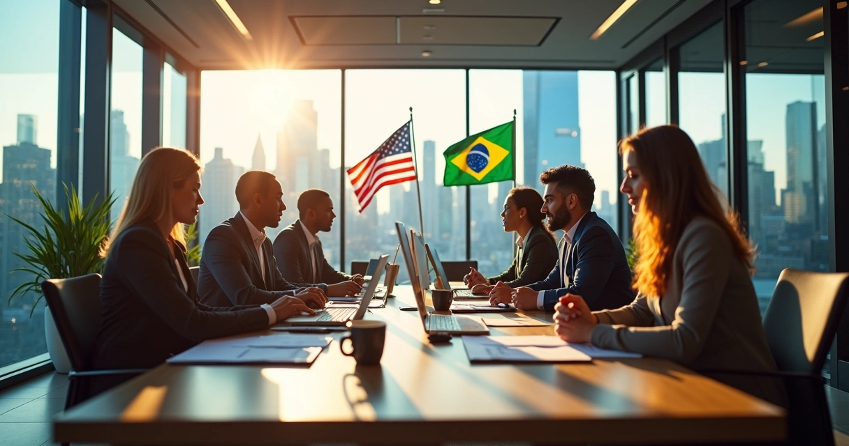 Registered Agent: Guia Prático Para Empresas de Brasileiros nos EUA 2 Escritório moderno nos Estados Unidos com equipe internacional e ambiente corporativo