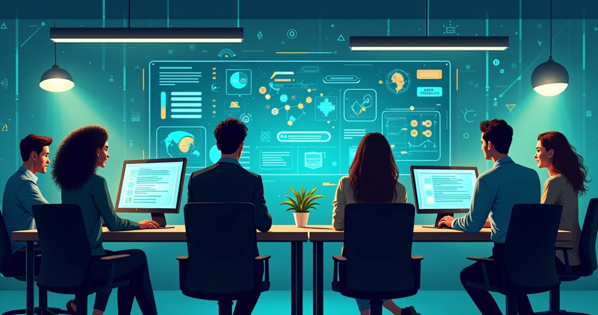 Profissionais discutindo em escritório com tecnologia mostrando implementação de agentes de IA.