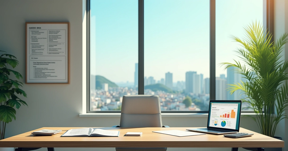 Escritório moderno com mesa, lista de despesas, laptop e vista da cidade ao fundo.