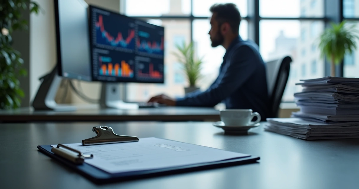 Profissional de compliance analisando dados em ambiente corporativo