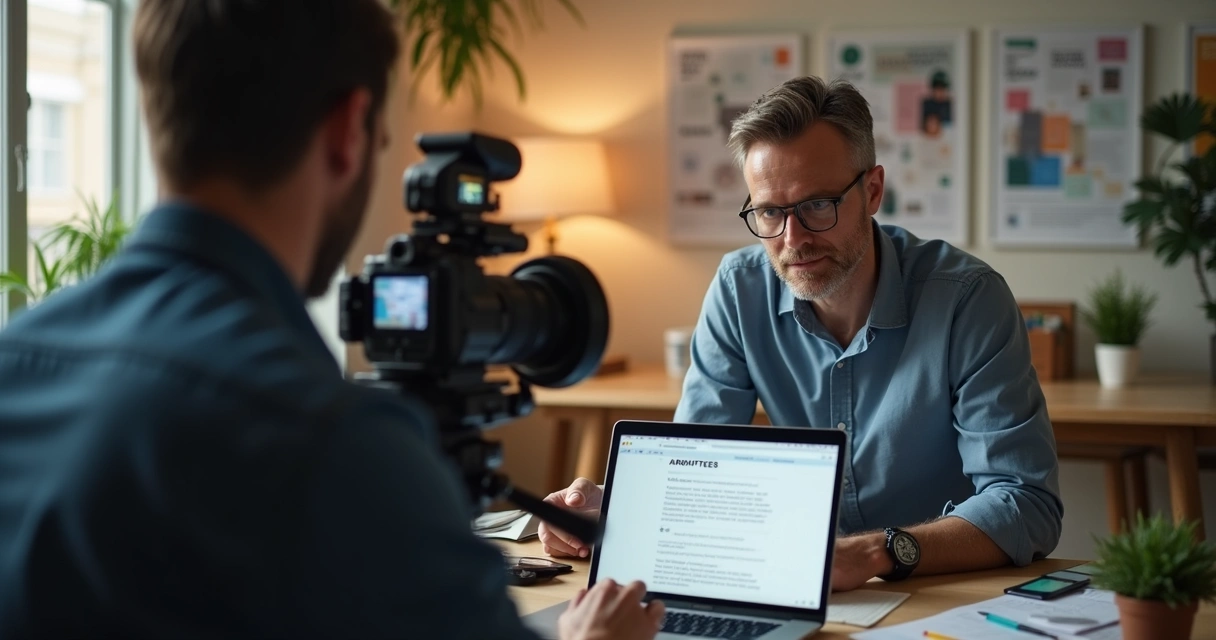 Arquiteto gravando vídeo para mídias sociais em escritório moderno com inspiração em branding 
