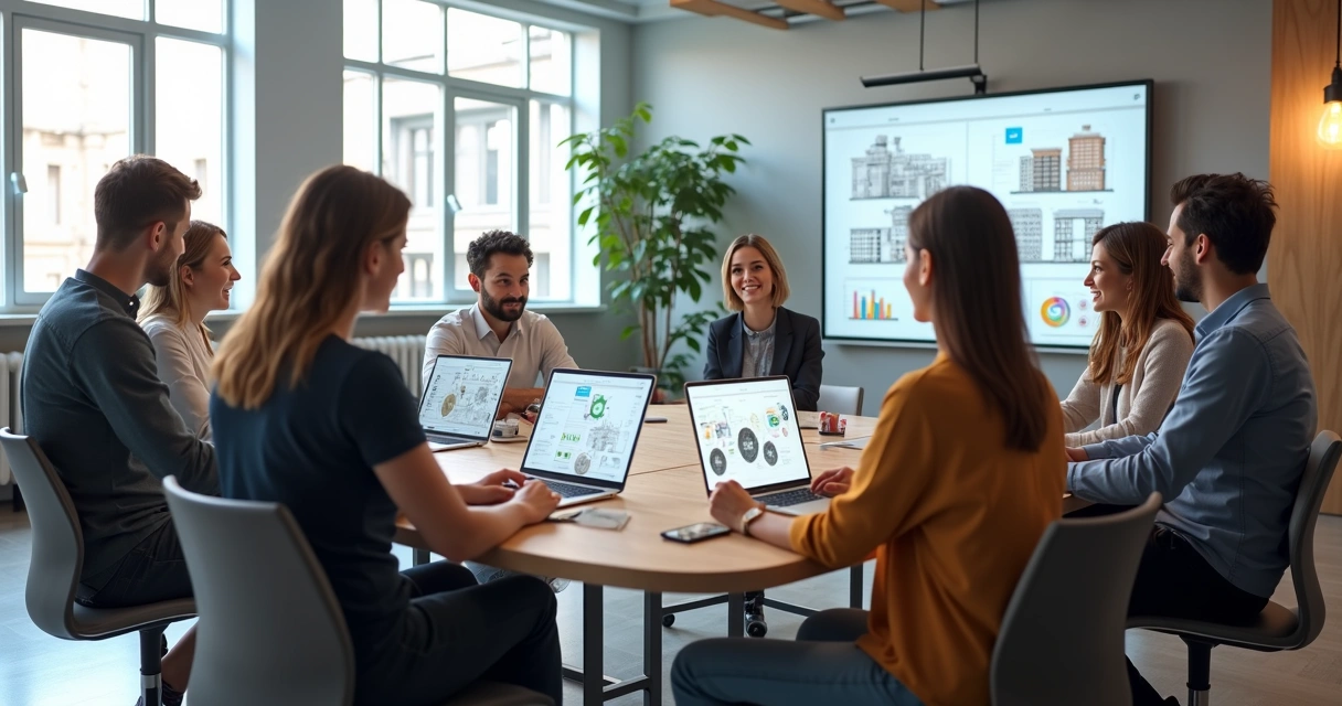 Escritório de arquitetura moderno com equipe reunida em ambiente com telas digitais e projetos arquitetônicos expostos 