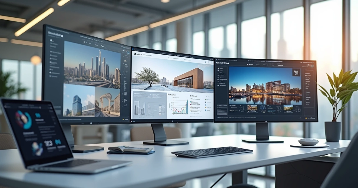 Escritório moderno de arquitetura com computadores, telas exibindo sites e gráficos digitais, ambiente iluminado e design clean 