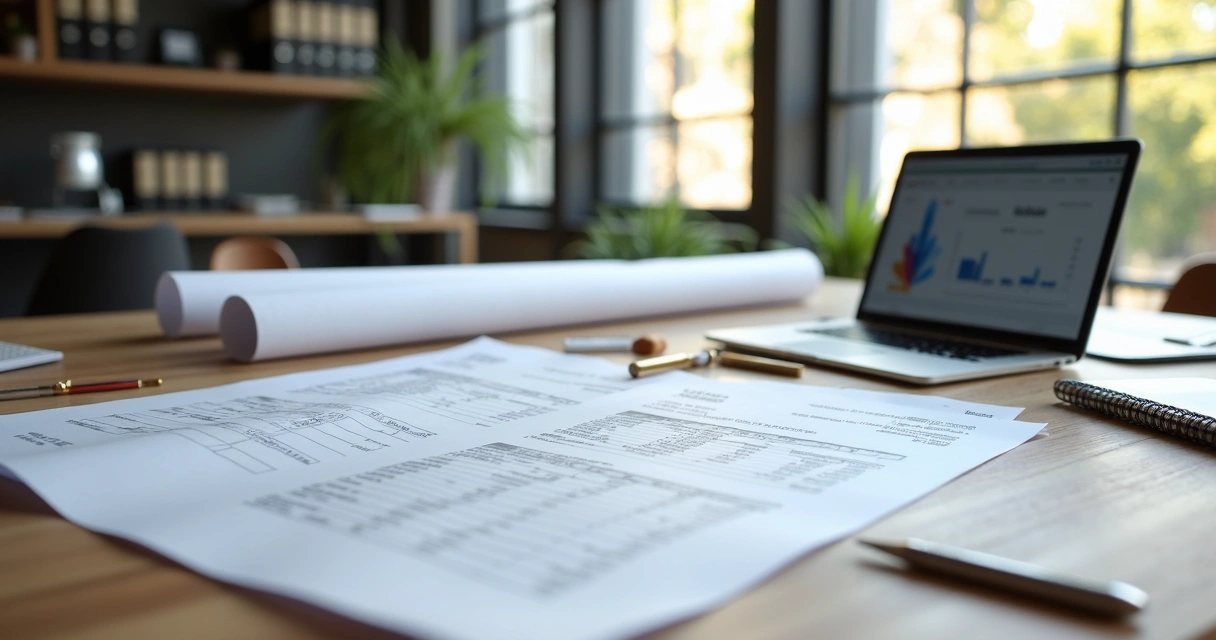 Escritório de arquitetura com documentos financeiros e notebook 