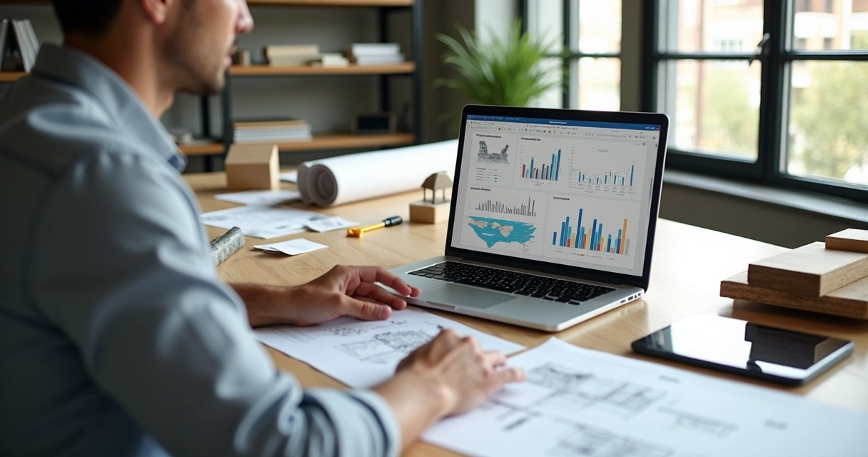 Arquiteto usando sistema ERP em notebook em escritório de arquitetura moderno 