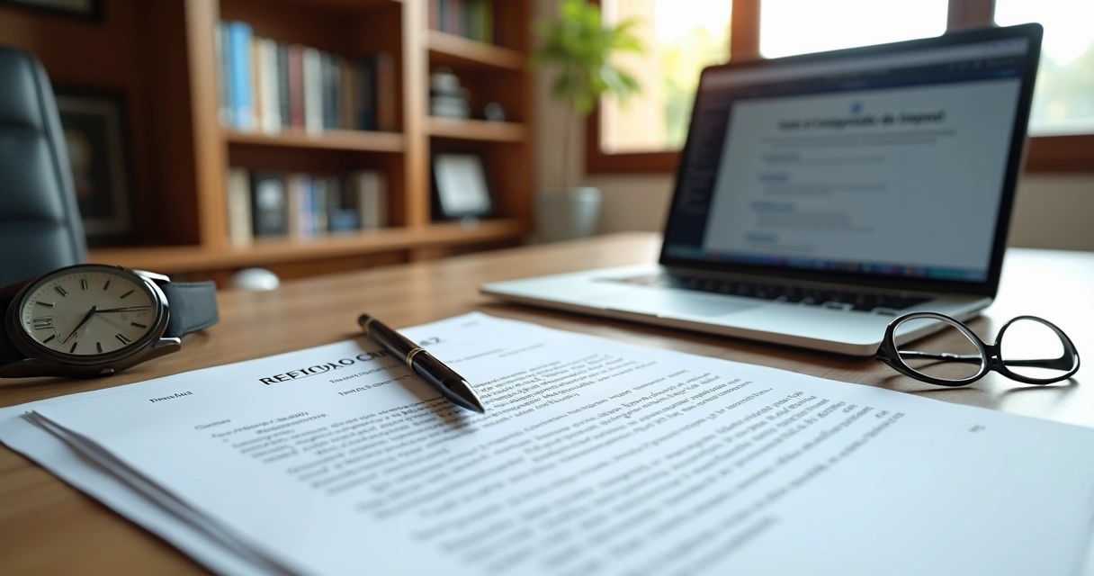 Mesa de escritório com documento de carta de desocupação, caneta, relógio e laptop aberto 