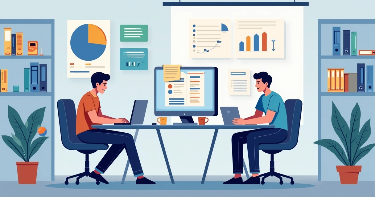 Escritório de assistência técnica moderno com sistema digital e gráficos de satisfação do cliente.