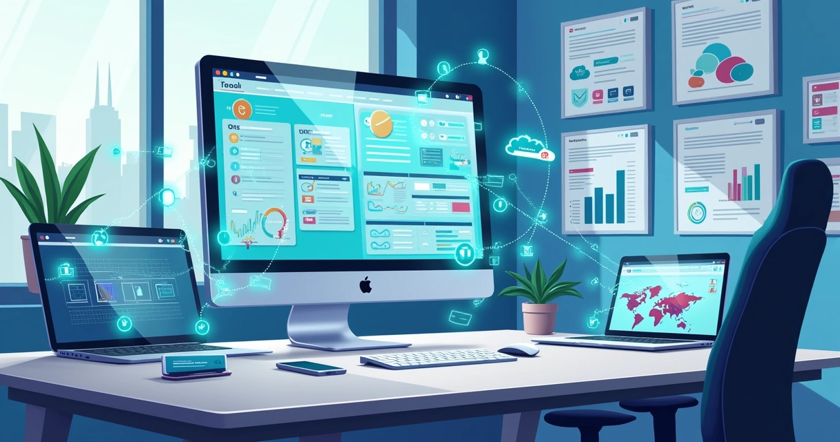 Ilustração de um escritório de assistência técnica moderno com telas digitais e organização eficiente das ordens de serviço.