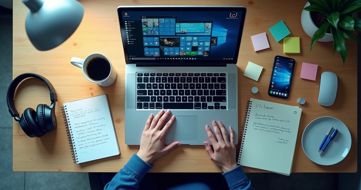Escritorio con portátil, móvil y notas que reflejan distracción digital