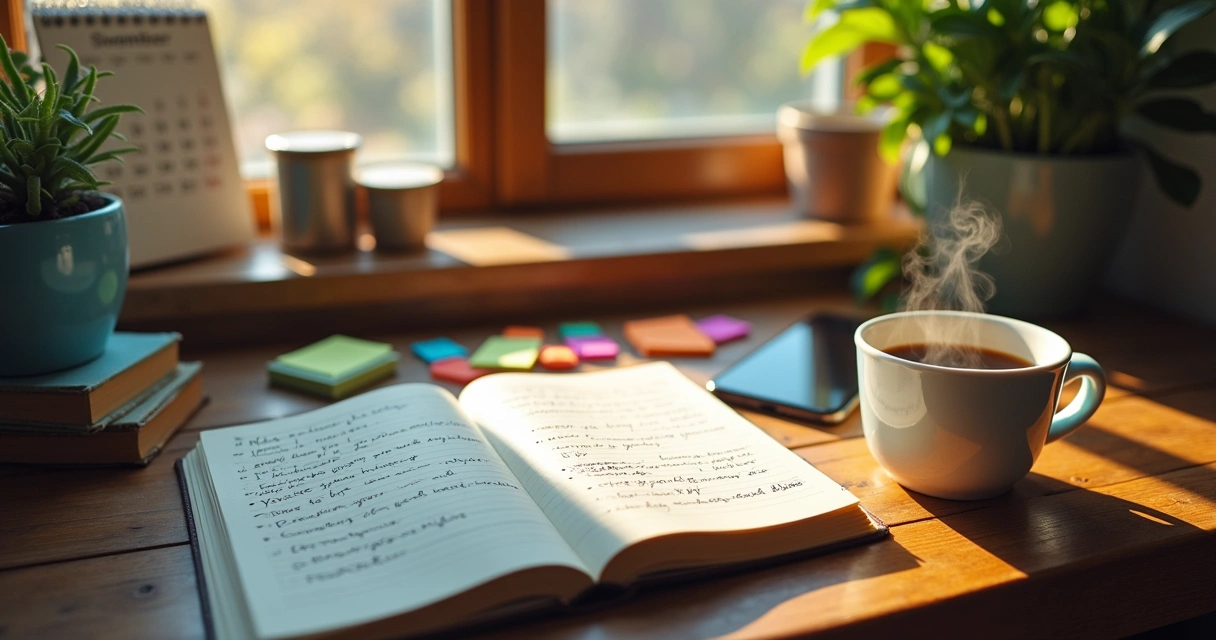 Espaço de trabalho acolhedor com diário, café e notas destacadas sobre produtividade.