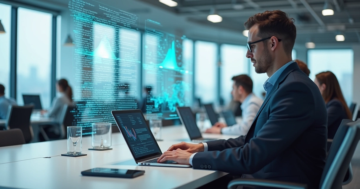 Profissionais em um escritório moderno utilizando laptops com gráficos digitais 