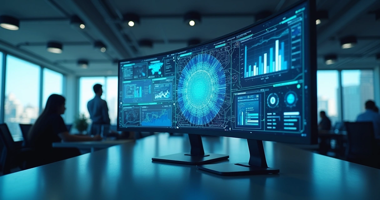 Ambiente de escritório com sistemas de inteligência artificial integrados 