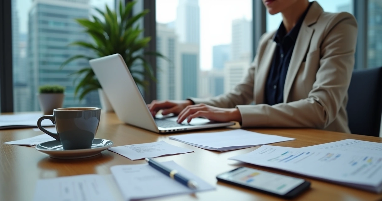 Ambiente de escritório com profissional autônomo e documentos de nota fiscal na mesa. 