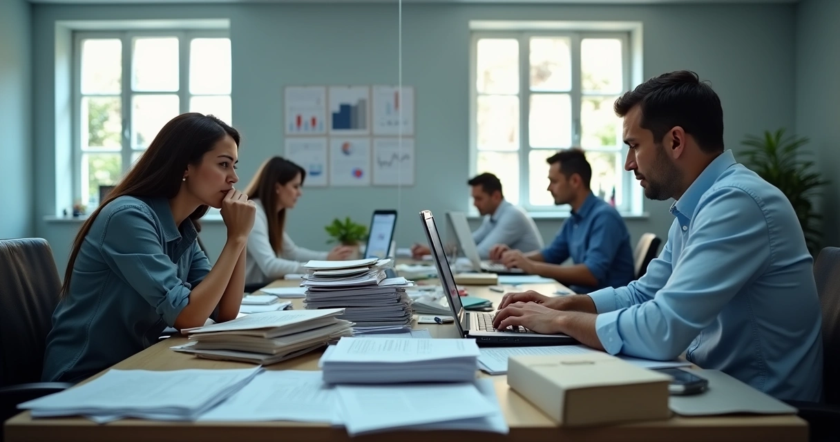Funcionários em um escritório bagunçado, lutando com papéis desorganizados e sobrecarga de trabalho.
