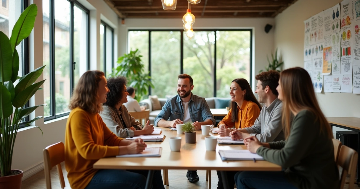 Escritório moderno com equipe diversificada trabalhando e relaxando, promovendo bem-estar e equilíbrio.