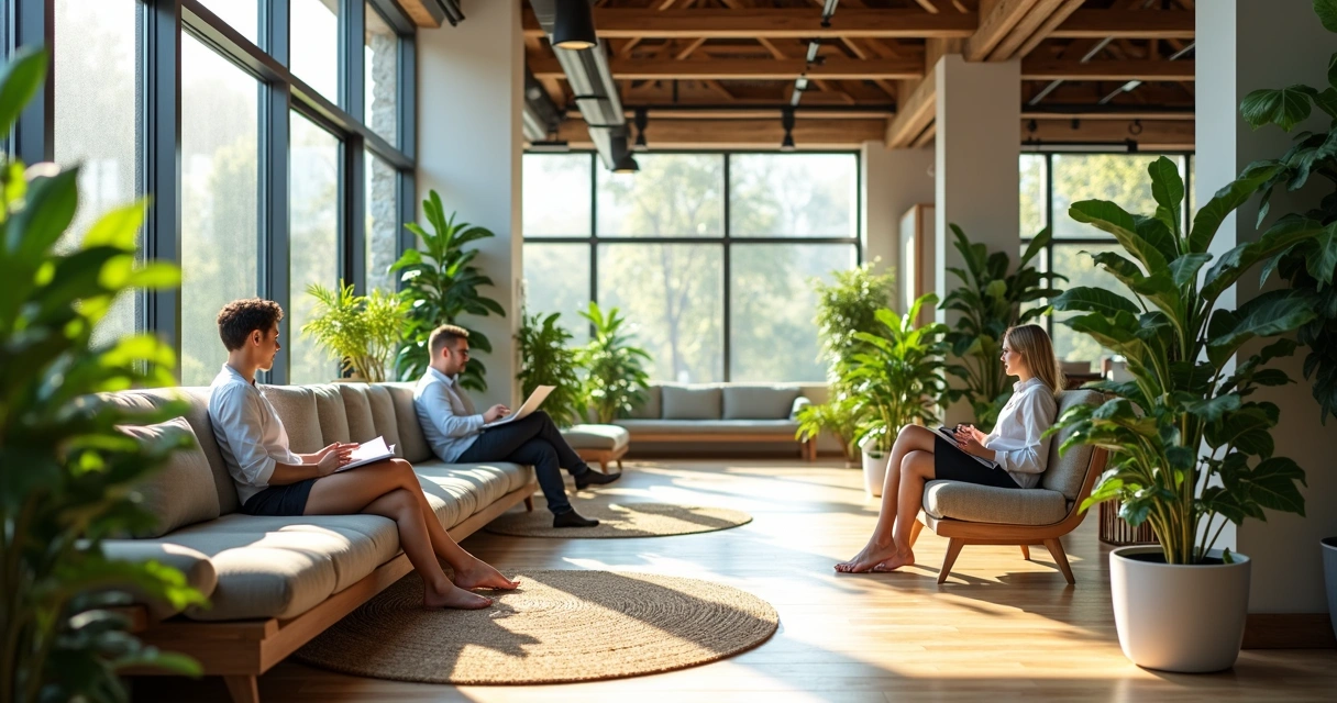 Ambiente de escritório com plantas e espaço para relaxamento no trabalho 