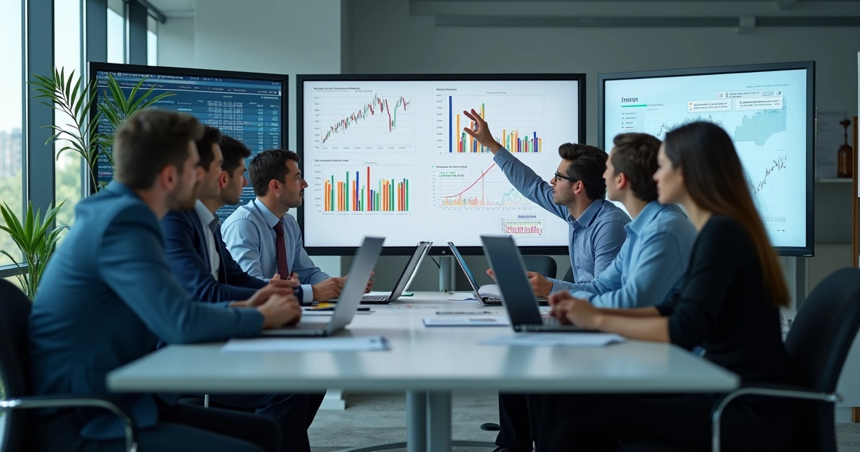 Escritório moderno de BPO financeiro com especialistas analisando dados financeiros em computadores 