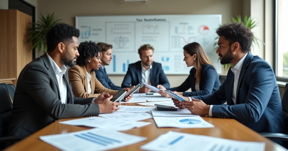 Equipe de BPO financeiro reunida analisando documentos de impostos 