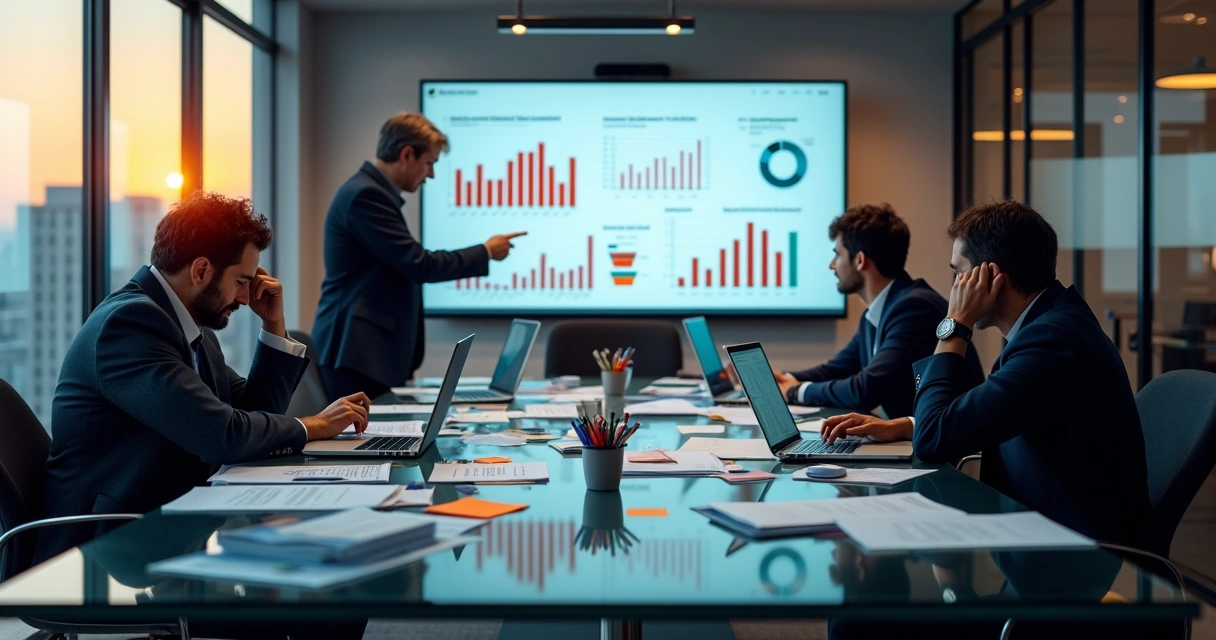 Sala de reunião com equipe de BPO financeiro avaliando indicadores em clima de preocupação 