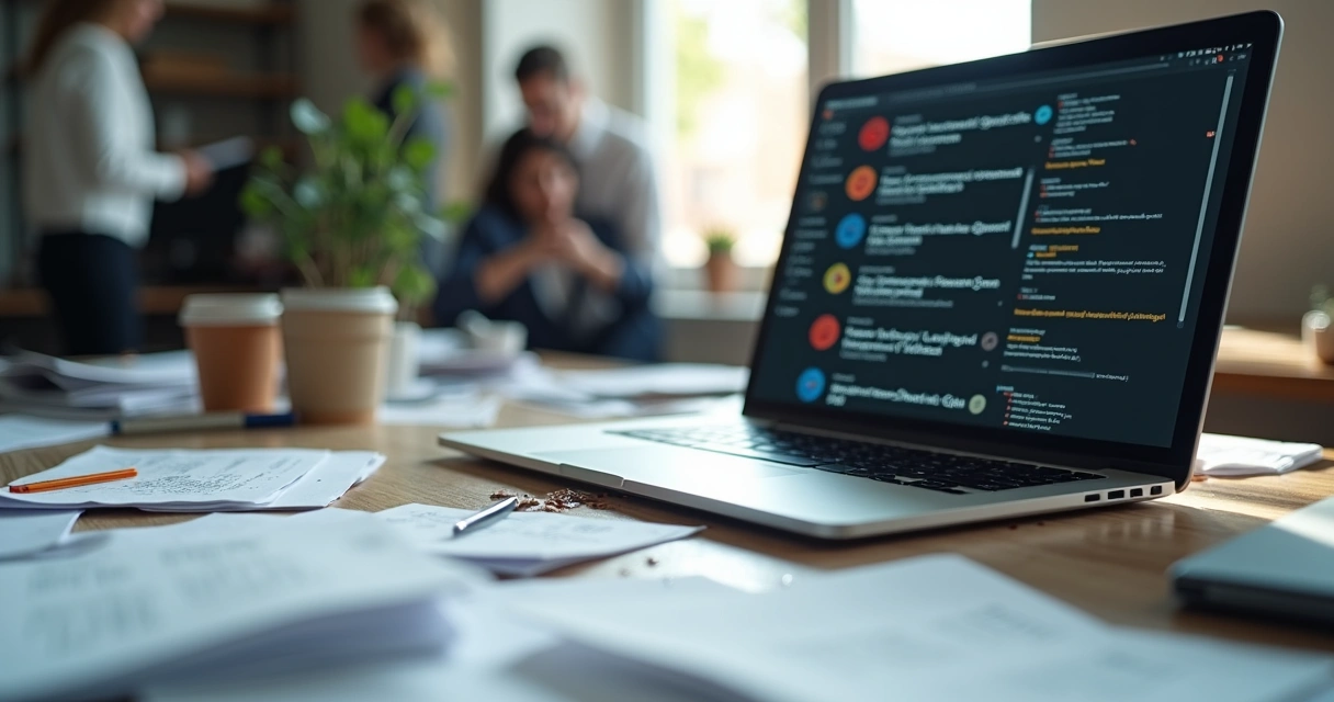 Mesa de escritório com muitos papéis, café derramado e computador aberto 