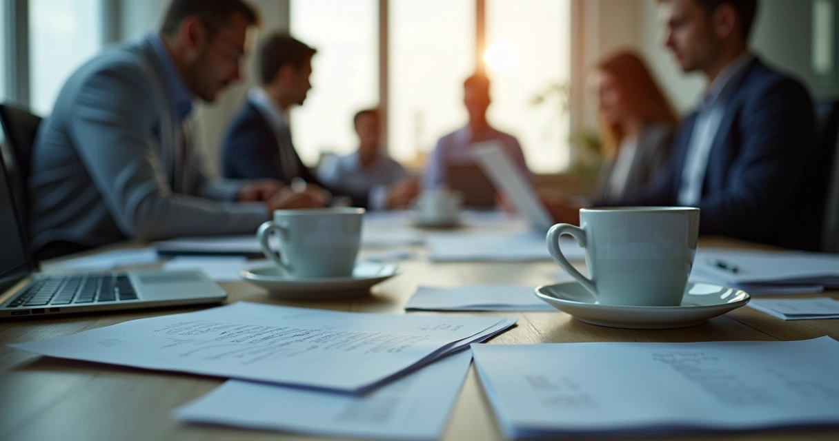 Mesa de trabalho desorganizada com xícaras de café e pilhas de documentos 