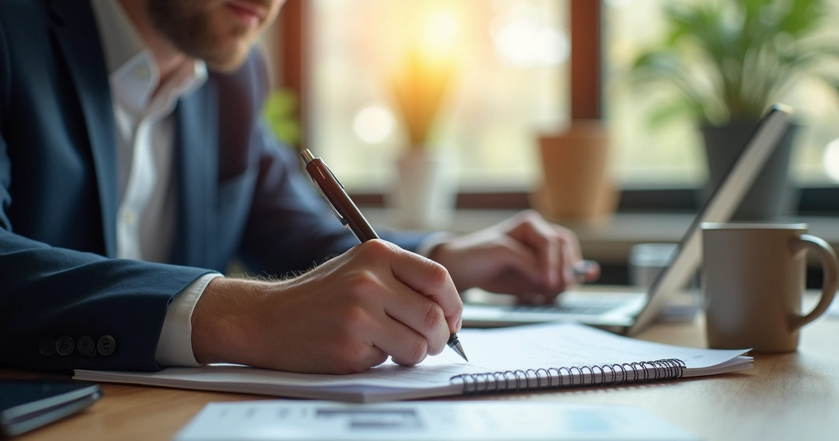 Pessoa trabalhando concentrada em casa com ambiente organizado 