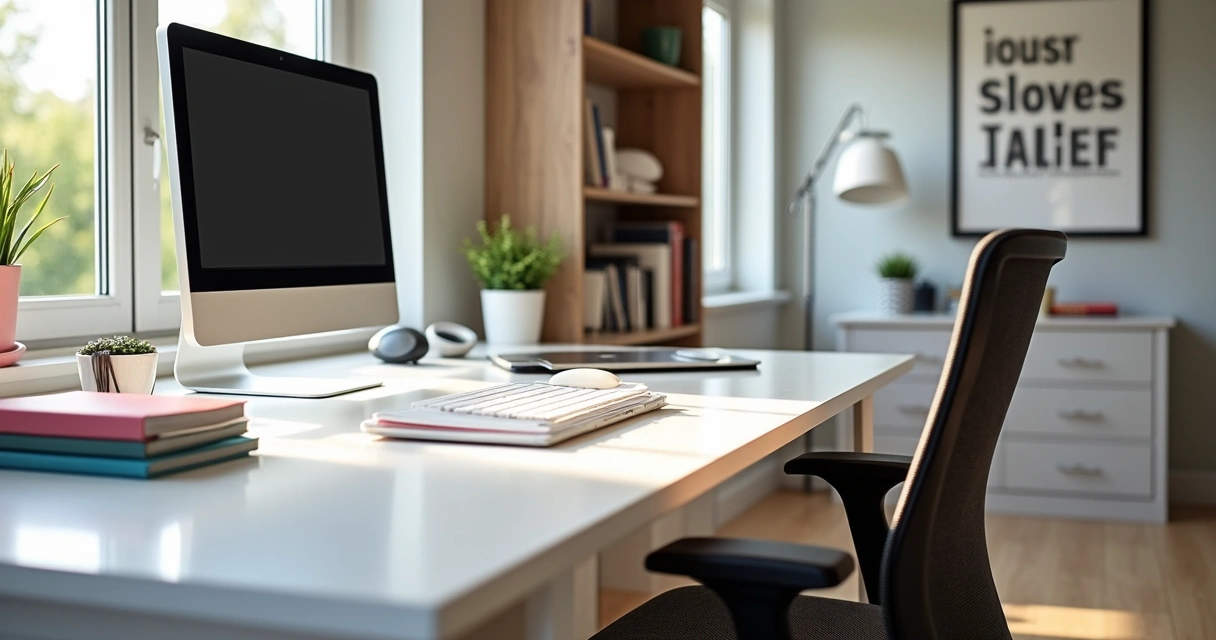 Home office organizado com mesa de quartzo, cadeira ergonômica e organizadores de papel 