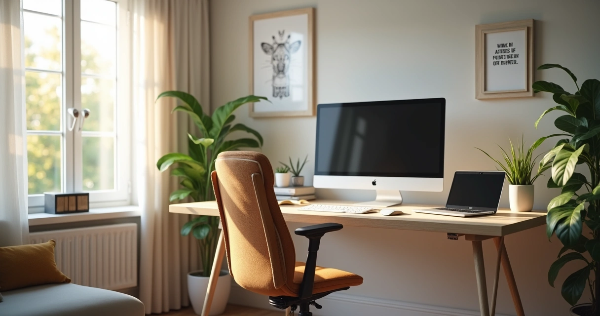 Mesa de trabalho com computador, planta e cadeira confortável 