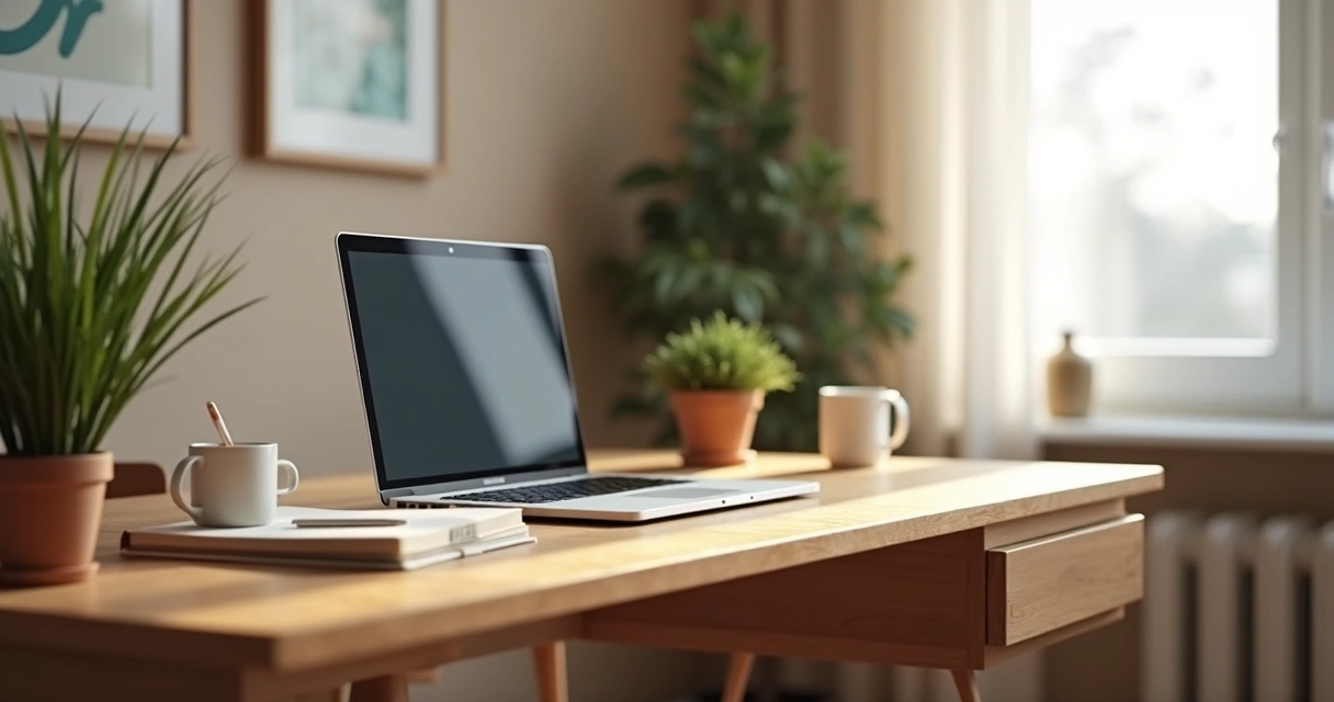 Mesa de trabalho organizada com notebook, bloco de notas, caneca e planta ao lado de janela iluminada
