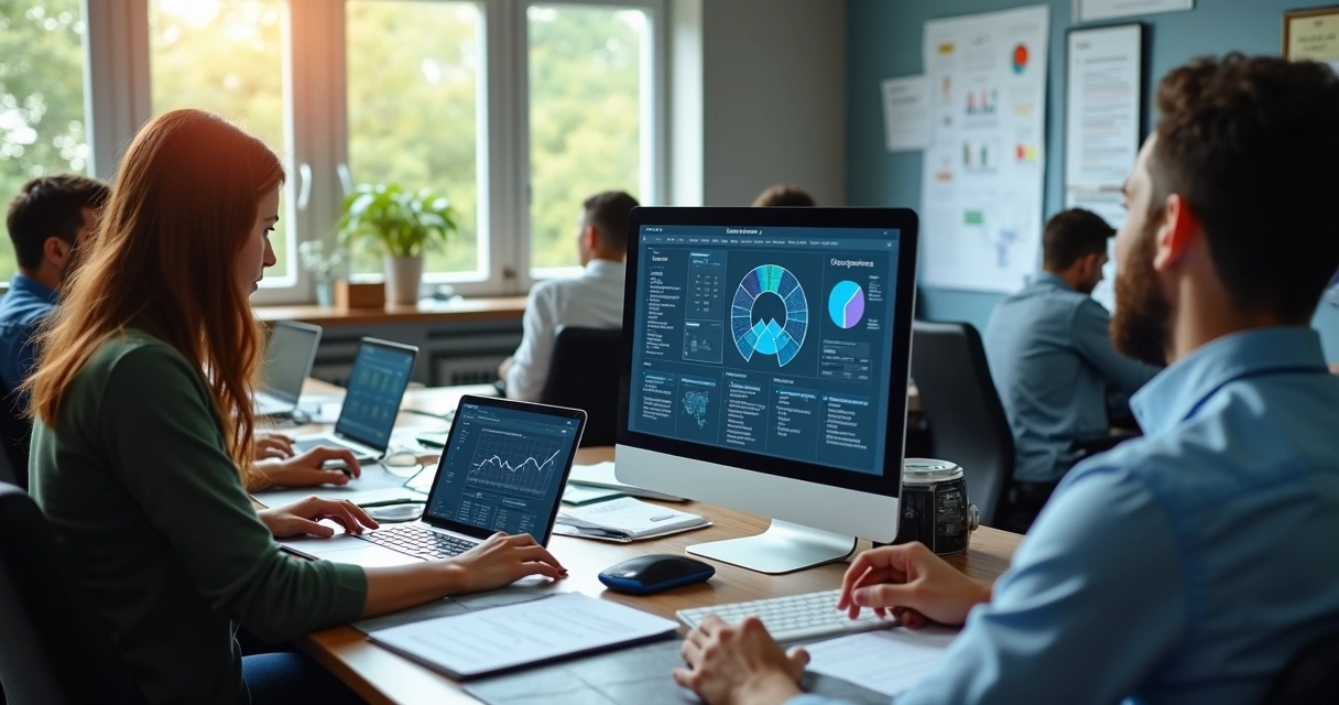 Equipe de escritório contábil usando computação em nuvem 