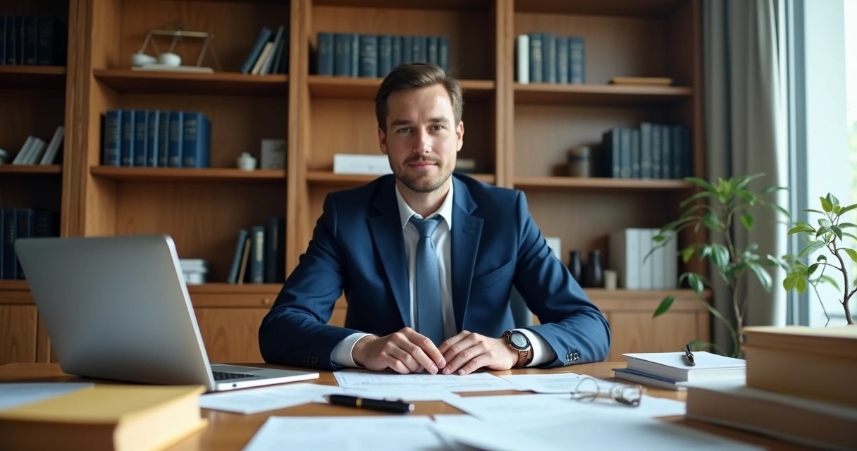Advogado digitando em laptop ao lado de pilha de cartas