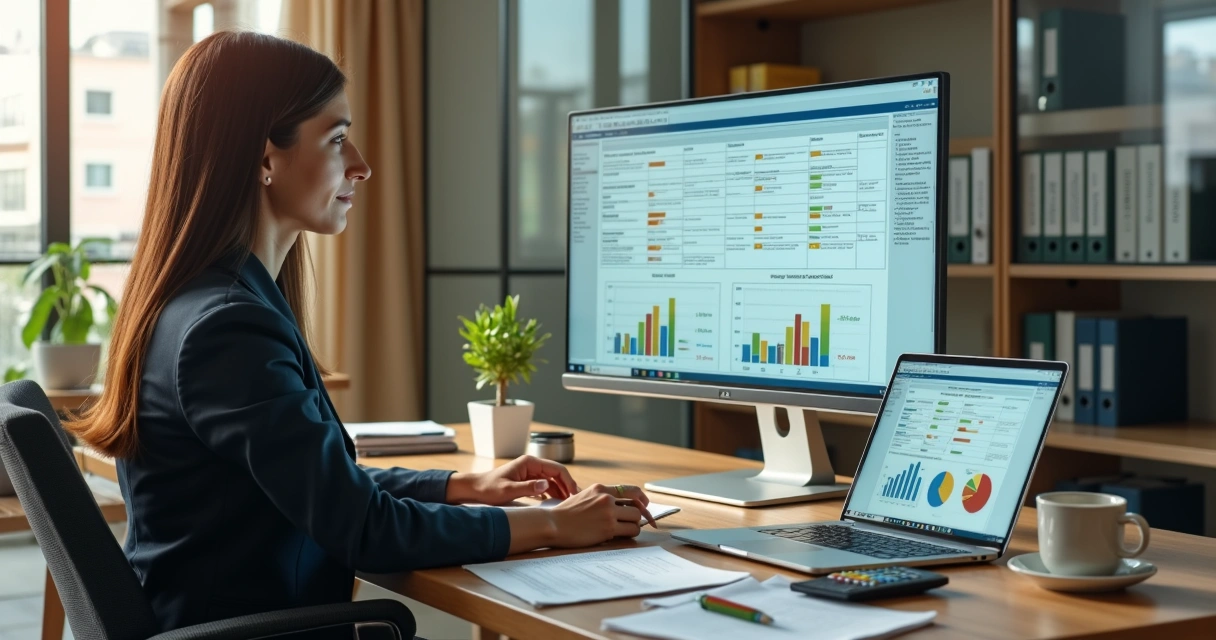 Empresária analisando código CNAE no computador em escritório moderno 