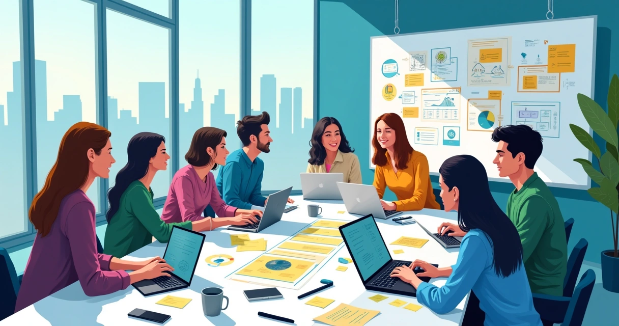Escritório moderno com equipe colaborando em design thinking e ideias em post-its.