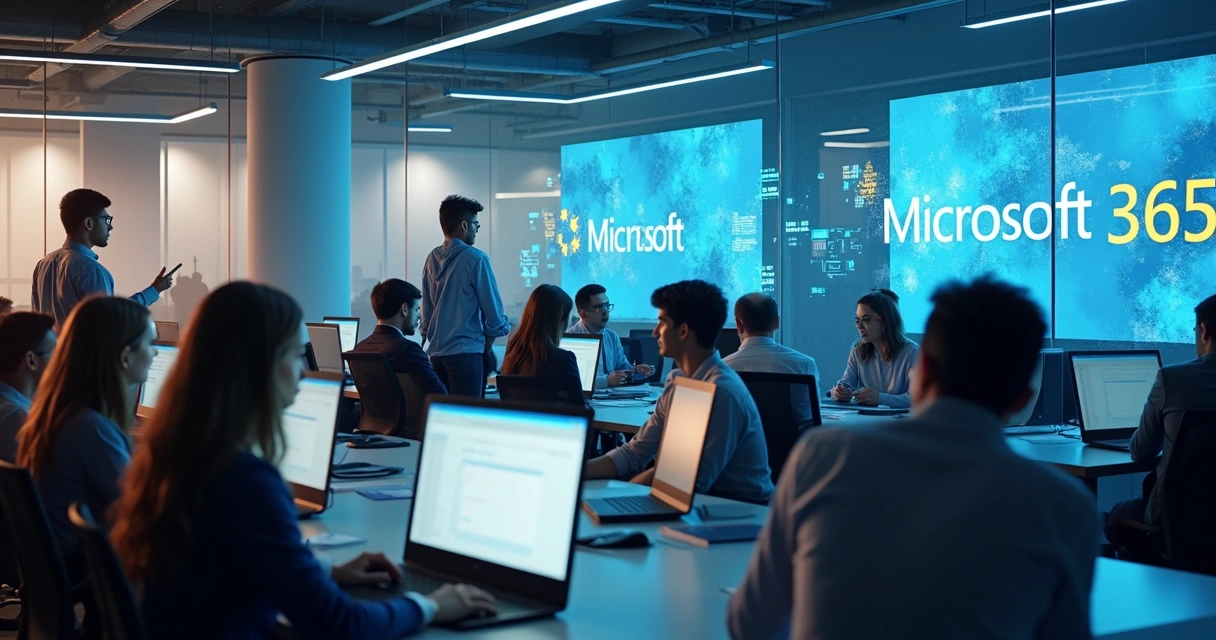 Equipe trabalhando em computadores em ambiente colaborativo 