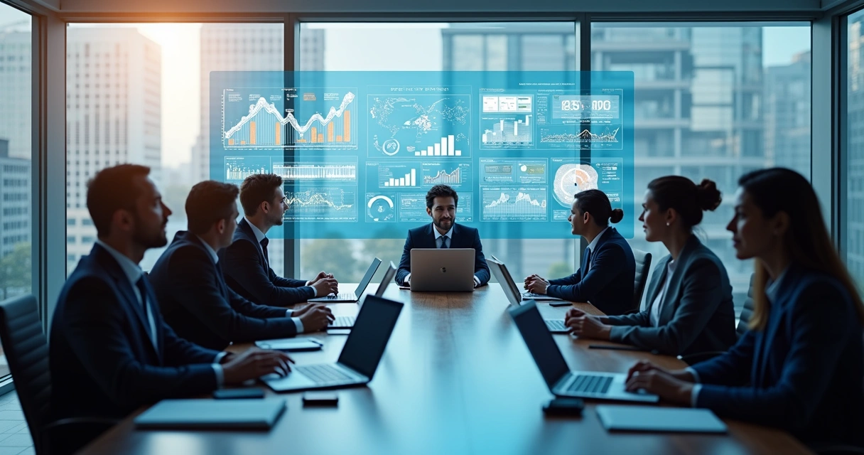 Equipe analisando dados digitais em escritório moderno 