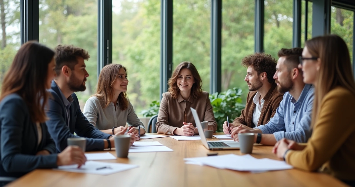Ambiente de trabalho com equipe colaborando ao redor de uma mesa 