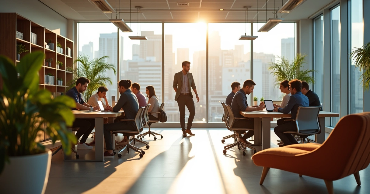 Escritório moderno com equipe colaborando 